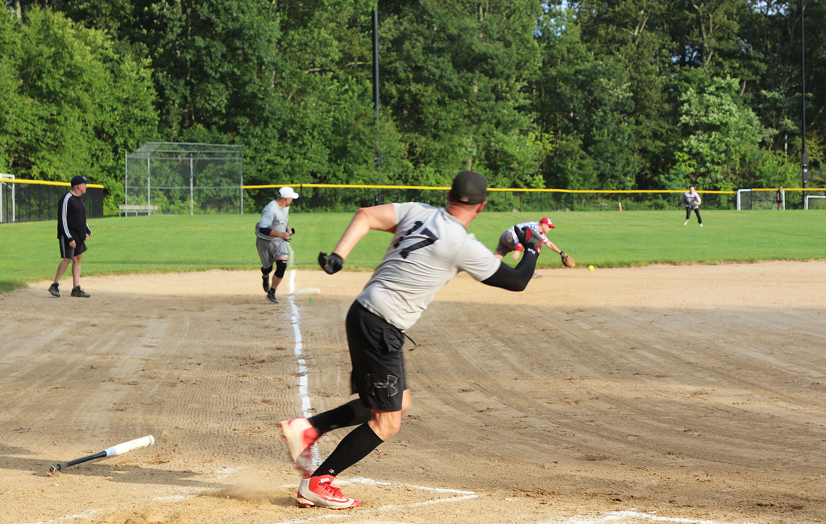 Garrison swept the Directorate of Emergency Services/Military Police (DES/MPs) two games to none in the best-of-three upper bracket championship series to win the West Point Summer Softball League upper bracket Aug. 9 at the Morale, Welfare and Recreation Softball Field #3. The first-seeded Garrison (18-0) won game one, 17-3, and then took the series with a 11-2 win in game two over fourth-seeded DES/MPs (13-11).     (Photo by Maj. David Hoy/USMA PAO)