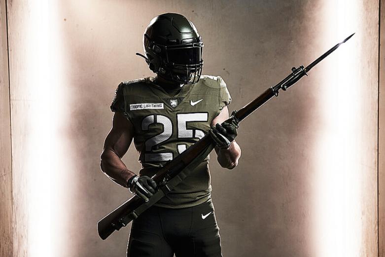 The Army West Point football team unveiled its 2020 Army-Navy Game uniform Sunday. The uniform tells the story of the Soldiers of the 25th Infantry Division during the Korean War. In honoring the past of the Tropic Lightning Division, the uniform reveals the story of valor, courage and sacrifice of the Soldiers who served that era as today’s Soldiers don their patches, adopt their mottos and hold their deeds close to their hearts.  (Photo by Dustin Satloff/Army Athletic Communications)