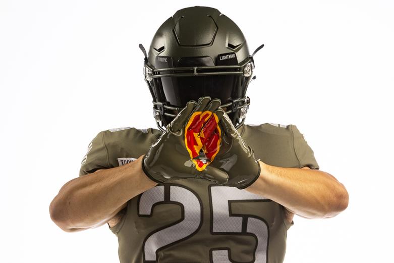 Former 25th Infantry Division Soldier and current cadet, Class of 2022 Cadet Randy McKenzie, was transported back to serving with 25th ID as an enlisted Soldier when the Army West Point football team's Army-Navy Game uniform reveal honors his former division for the game.   (Photo by Dustin Satloff/Army Athletic Communications)  