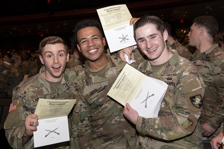 Members of the U.S. Military Academy Class of 2023 tore open sealed envelopes during the Branch Night ceremony Dec. 1 at Eisenhower Hall. The  cadets celebrated earning one of the 17 Army branches they will go into when they graduate and commission in May.    Photo by Kyle Osterhoudt/USMA PAO