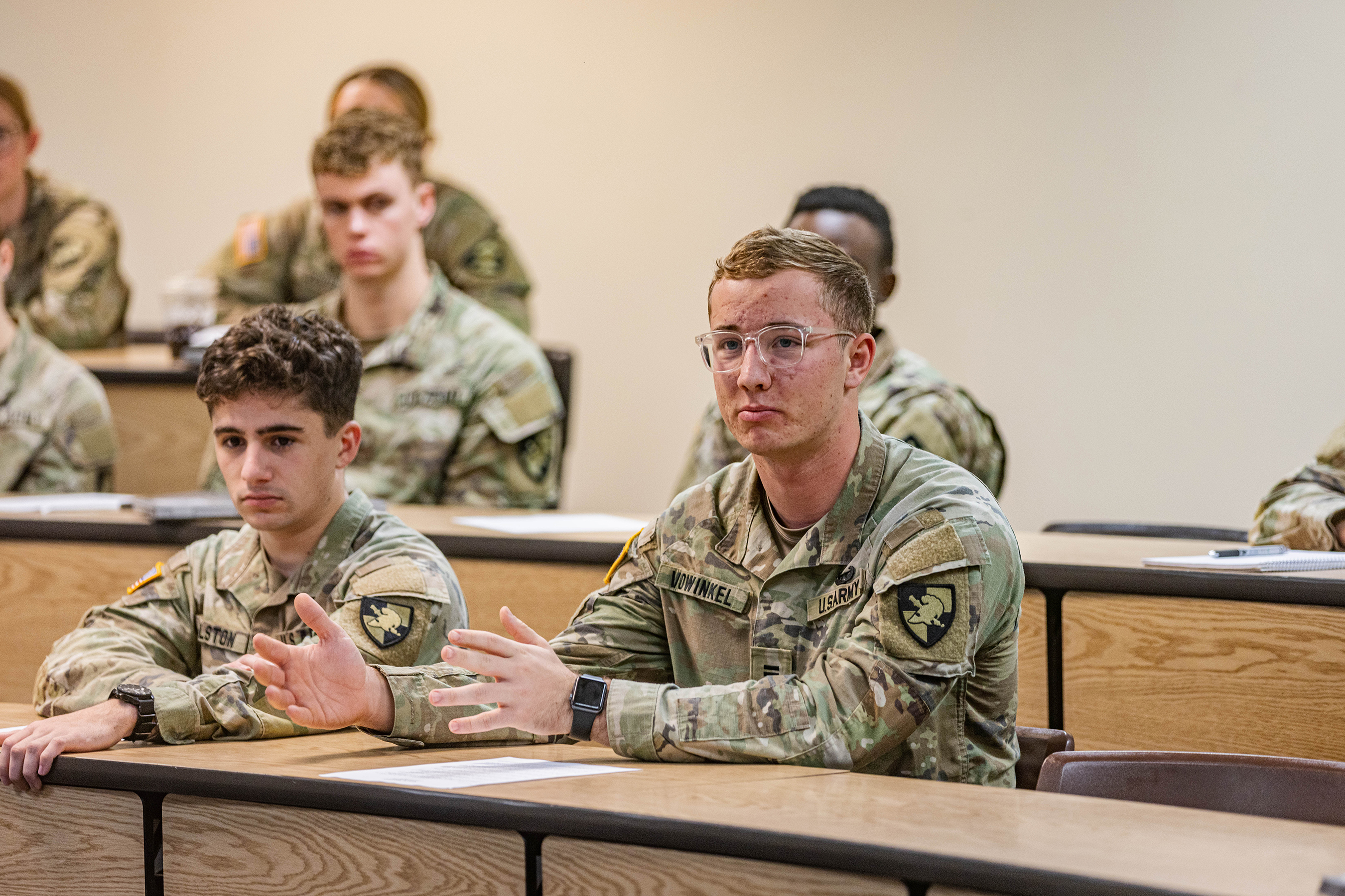 Cadets gathered in class to participate in the 2023 FBI Negotiations Lecture conducted by Kyle Vowinkel, senior lecturer at Cornell University and former FBI assistant special agent in charge Nov. 17 at the U.S. Military Academy.   (Photos by Jorge Garcia/USMA PAO)