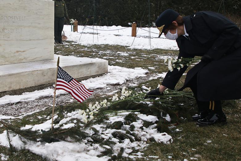 U.S. Military Academy Dean of the Academic Board Brig. Gen. Cindy Jebb places a Presidential Wreath on the behalf of President Joseph R. Biden and flowers at the foot of former President Franklin D. Roosevelt’s gravesite during the commemoration of FDR’s 139th birthday Jan. 29 in Hyde Park, N.Y. West Point participates in the celebration every year as the representative of the current president. To view this year’s ceremony and Jebb’s remarks on FDR, visit the FDR Presidential Library and Museum Facebook 