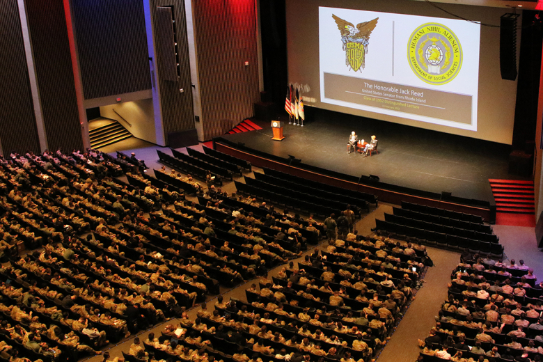 The Department of Social Sciences hosted its Class of 1952 Distinguished Lecture with the Honorable Jack Reed, U.S. senator from Rhode Island, as the guest speaker, Friday at Eisenhower Hall. The audience of the Corps of Cadets, staff and faculty heard Reed speak on topics ranging from the health and stability of American democracy to the strategic competition among the United States, Russia and China during his talk.	(Photos by Delancey Pryor III/PV)