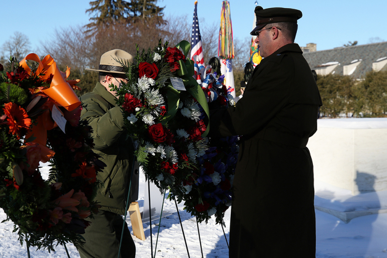 U.S. Military Academy Dean of the Academic Board Brig. Gen. Shane Reeves (right) places a Presidential Wreath on the behalf of President Joseph R. Biden in honor of former President Franklin D. Rooseveltʼs 140th birthday Sunday in Hyde Park, N.Y. Reeves also made remarks during the event on the importance of Rooseveltʼs presidency that still has a positive affect on the nation today.      Also in attendance from West Point were (above) the U.S. Corps of Cadets 2nd Regiment Staff and Color Guard, the West