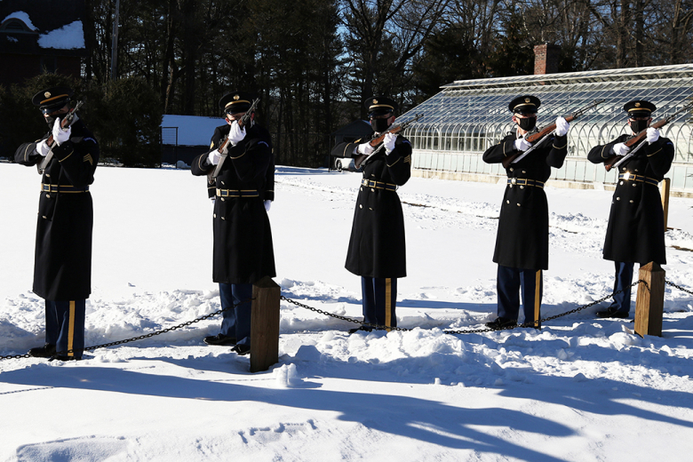 The U.S. Corps of Cadets 2nd Regiment Staff and Color Guard (top left) performed honor guard duties, the West Point Military Police Honor Guard (left) provided salutory volleys, Staff Sgt. Judy Gaunt and Master Sgt. William Calohan from the U.S. Military Academy Band (top right) played Taps while Dean of the Academic Board Brig. Gen. Shane Reeves (above) made remarks during the ceremony honoring former President Franklin D. Rooseveltʼs 140th birthday Sunday in Hyde Park, N.Y.   	(Photos by Eric S. Bartelt/P