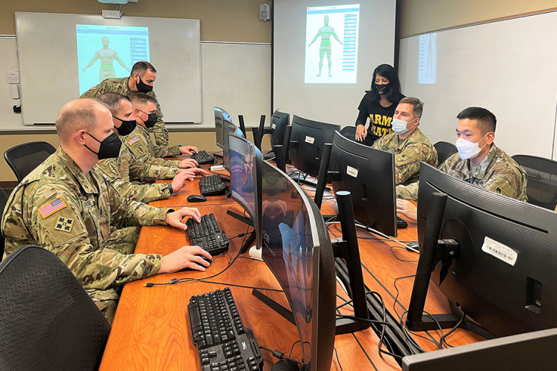 Members of the U.S. Military Academy participate in research for the worldʼs first artificial intelligence (AI) and computational modeling center for precision nutrition and health in a computer lab at West Point. The National Institutes of Health (NIH) awarded USMA and CUNY Graduate School of Public Health and Health Policy (CUNY SPH) an estimated $8 million over five years to establish the center.    (Photo by Maj. Renee Sanjuan/Office of the Dean)