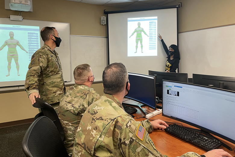 Dr. Diana Thomas leads a research discussion with other U.S. Military Academy members to develop the worldʼs first artificial intelligence (AI) and computational modeling center for precision nutrition and health in a computer lab.  (Photo by Maj. Renee Sanjuan/Office of the Dean)