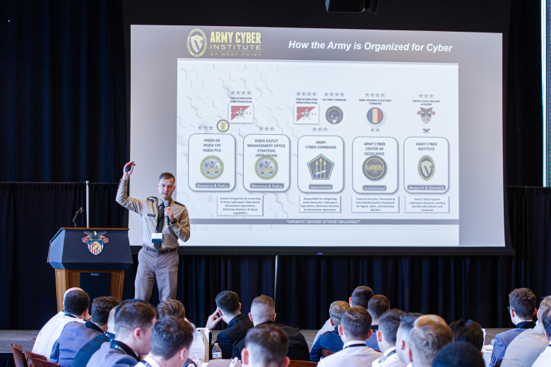 Chief Warrant Officer 3 Justin Helphenstine, the Cyber National Mission Forces tactical director, and other subject matter experts lent their knowledge to cadets and other service academy students during the Cyber Leadership Conference between Jan. 30-Feb. 1 at Eisenhower Hall. Sponsored by the USMA Class of 1970, the CLC offers cyber officers a productive annual leadership development experience. Additionally, the event brought together cadets and students from other service academies interested in the cyb