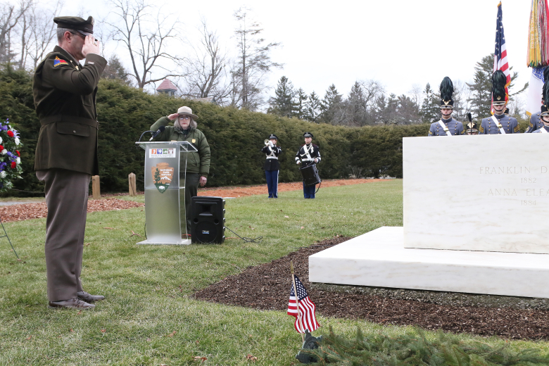 USMA Dean of the Academic Board Brig. Gen. Shane Reeves placed a Presidential Wreath on the behalf of President Joseph R. Biden in honor of FDR at the event.   (Photo by Eric S. Bartelt/PV)