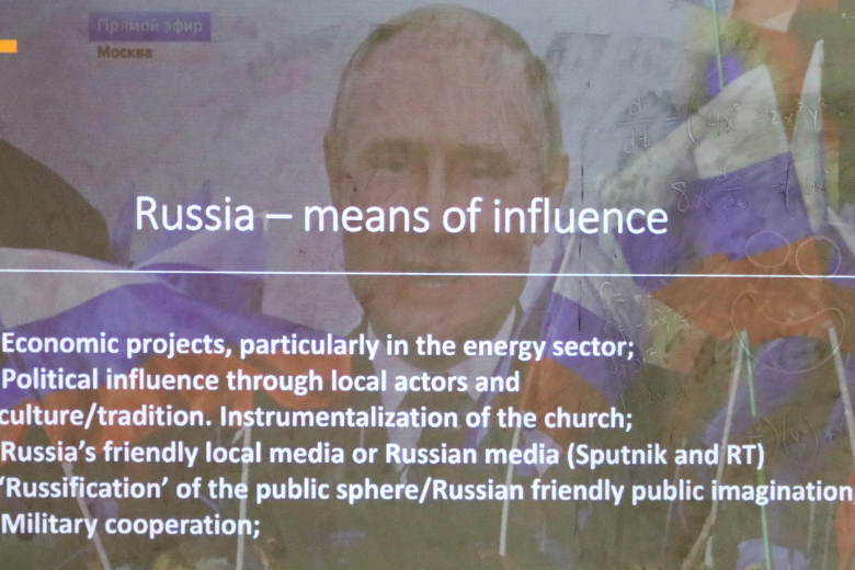 A chart shown during the “Russian Asymmetric Strategies of Dis-Ordering” panel Feb. 9 at Jefferson Hall.  (Photo by Eric S. Bartelt/PV)