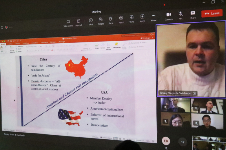 A chart shown by Professor Tanguy Struye during the “China and International Order – International Relations Perspectives” panel Feb. 9 at Jefferson Hall.