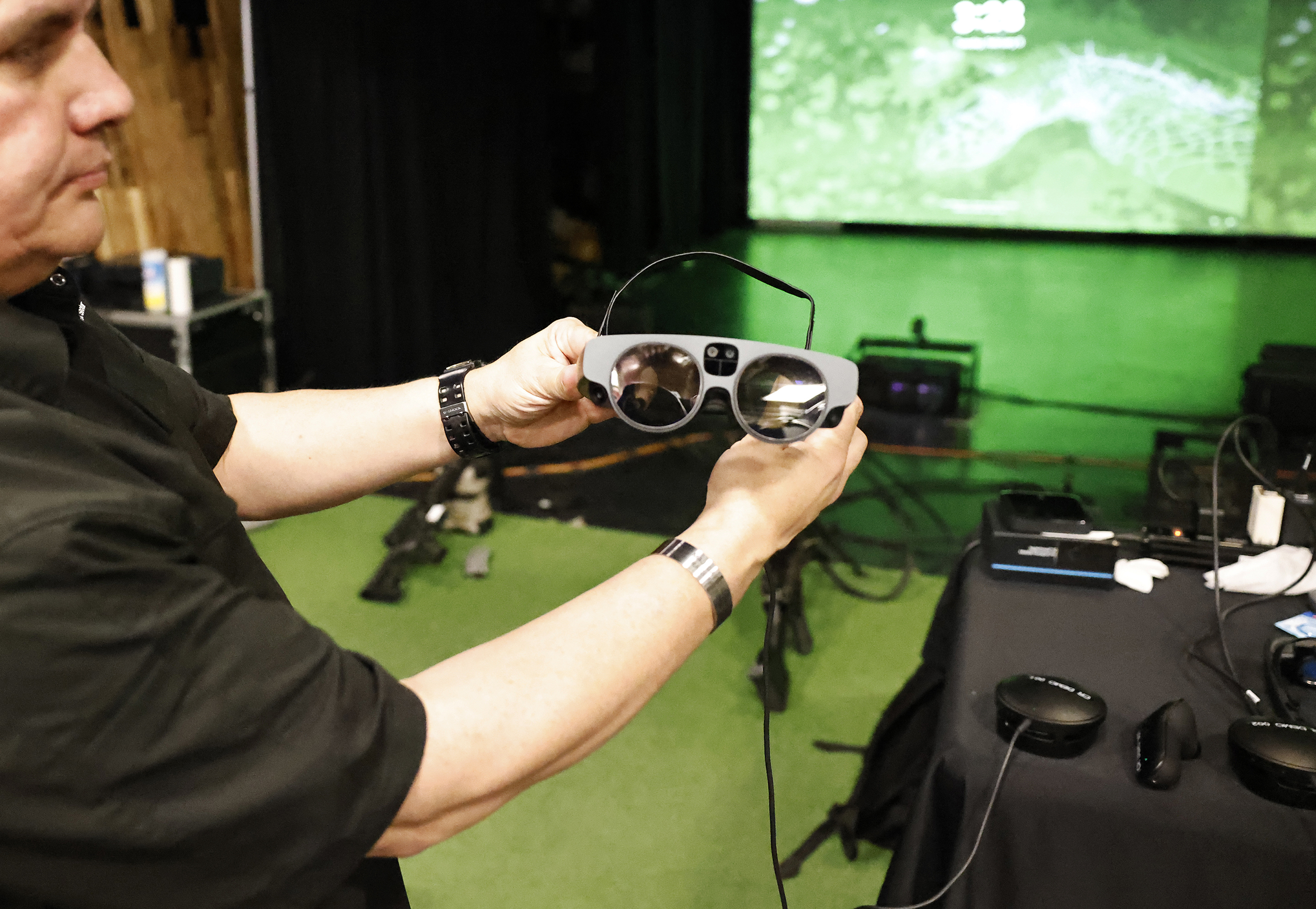 In experiencing Augmented Reality (AR), cadets and U.S. Military Academy staff took part in a technology demonstration with Magic Leap and EolianVR on Feb. 6 at the West Point Simulation Center. As the technology grows, cadets gain experience on potential applications of AR technology for training and education. Examples of AR software can be in the form of an AR sand table used for tactical planning with multiple users in the same AR environment.  (Photo by Eric S. Bartelt/USMA PAO)