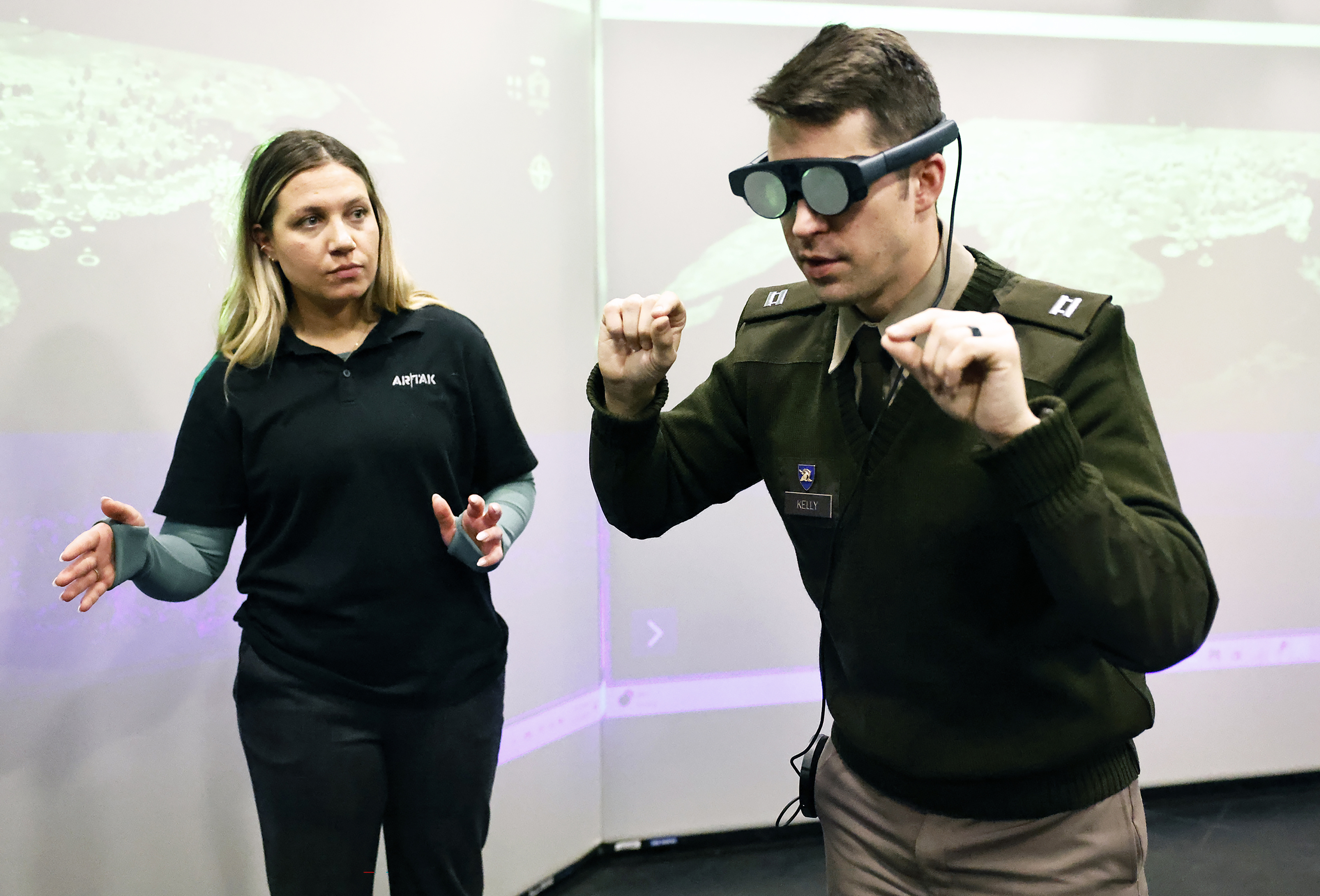 In experiencing Augmented Reality (AR), cadets and U.S. Military Academy staff took part in a technology demonstration with Magic Leap and EolianVR on Feb. 6 at the West Point Simulation Center. As the technology grows, cadets gain experience on potential applications of AR technology for training and education. Examples of AR software can be in the form of an AR sand table used for tactical planning with multiple users in the same AR environment.  (Photo by Eric S. Bartelt/USMA PAO)