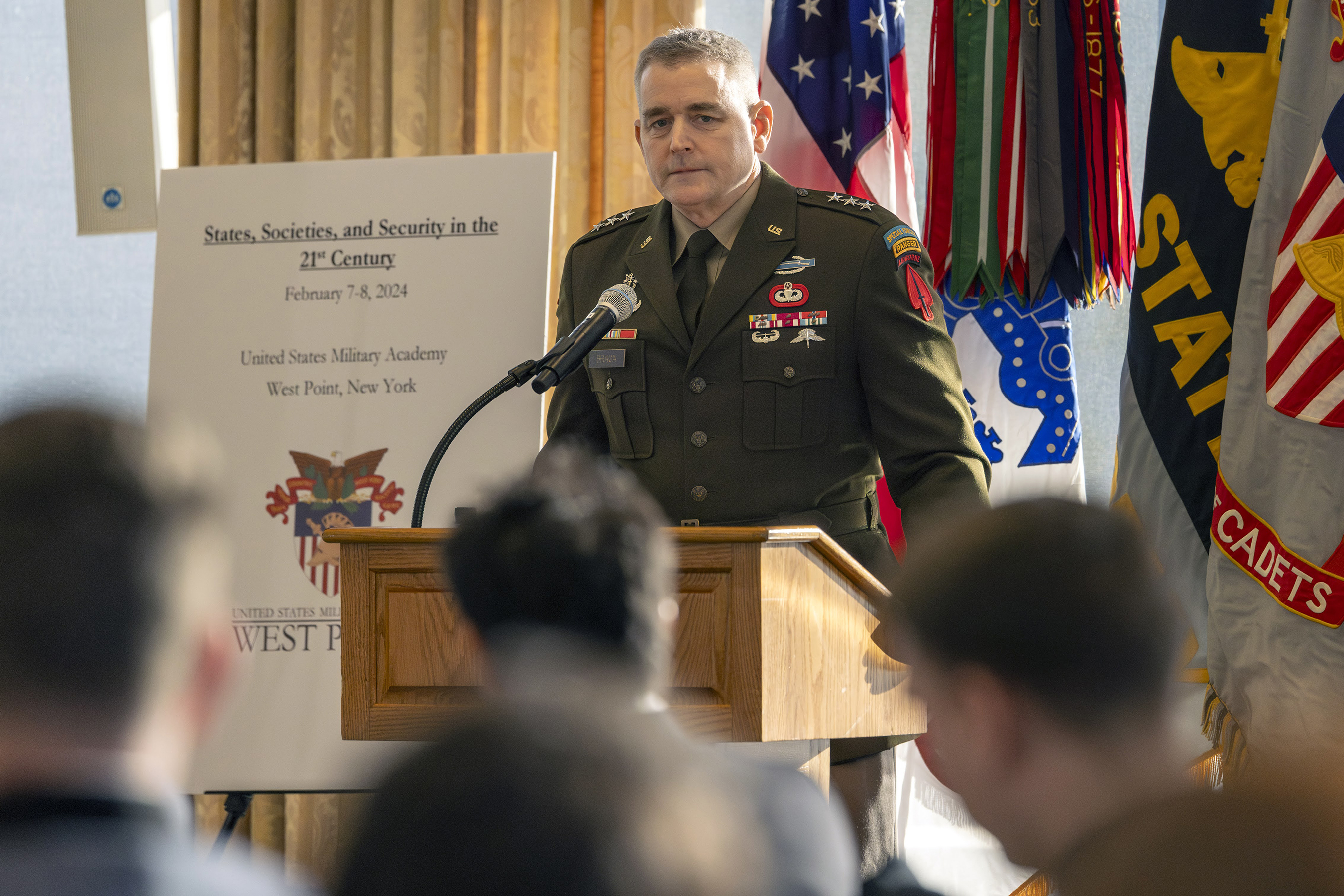 The U.S. Military Academy welcomed Lt. Gen. Braga (USMA Class of 1991) and Command Sgt. Maj. JoAnn Naumann, the Commanding General and Command Sgt. Maj. of the U.S. Army Special Operations Command (USASOC) at Fort Liberty, North Carolina. Both embarked on a collaborative journey from Feb. 7-9 at the U.S. Military Academy. Their visit, spanning various engagements with cadets, staff and faculty, underscored the essence of leadership, innovation and academic-practitioner collaboration. (Photo by Jorge Garcia/
