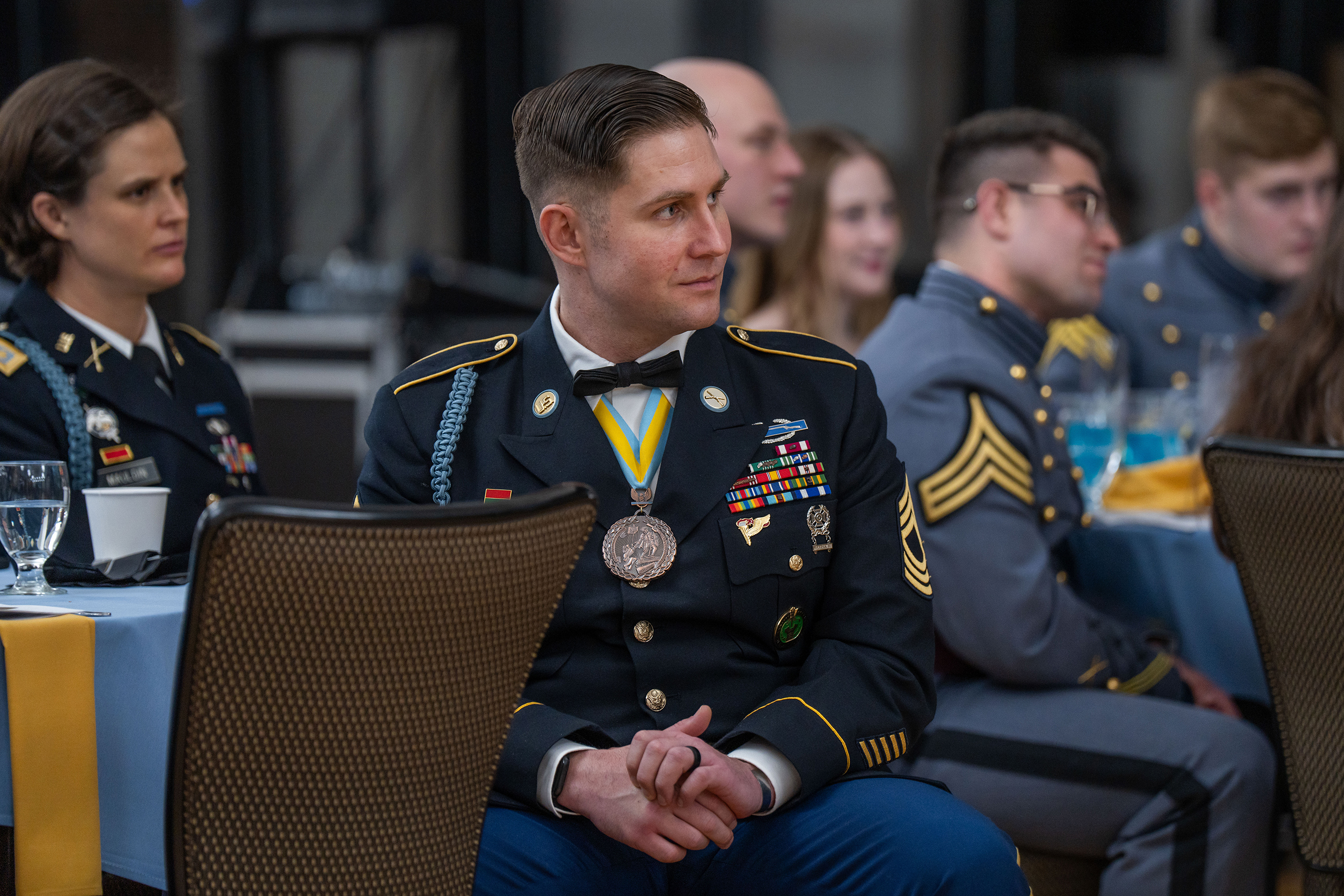 In a poignant celebration of dedication and service, the National Infantry Association West Point Chapter hosted the distinguished 20th annual National Infantry Association Ball on Jan. 26 at Eisenhower Hall. This event, steeped in tradition, served as a profound reminder of the sacrifices made by those within the Infantry community.  (Photo by Class of 2025 Cadet Noah Murray)