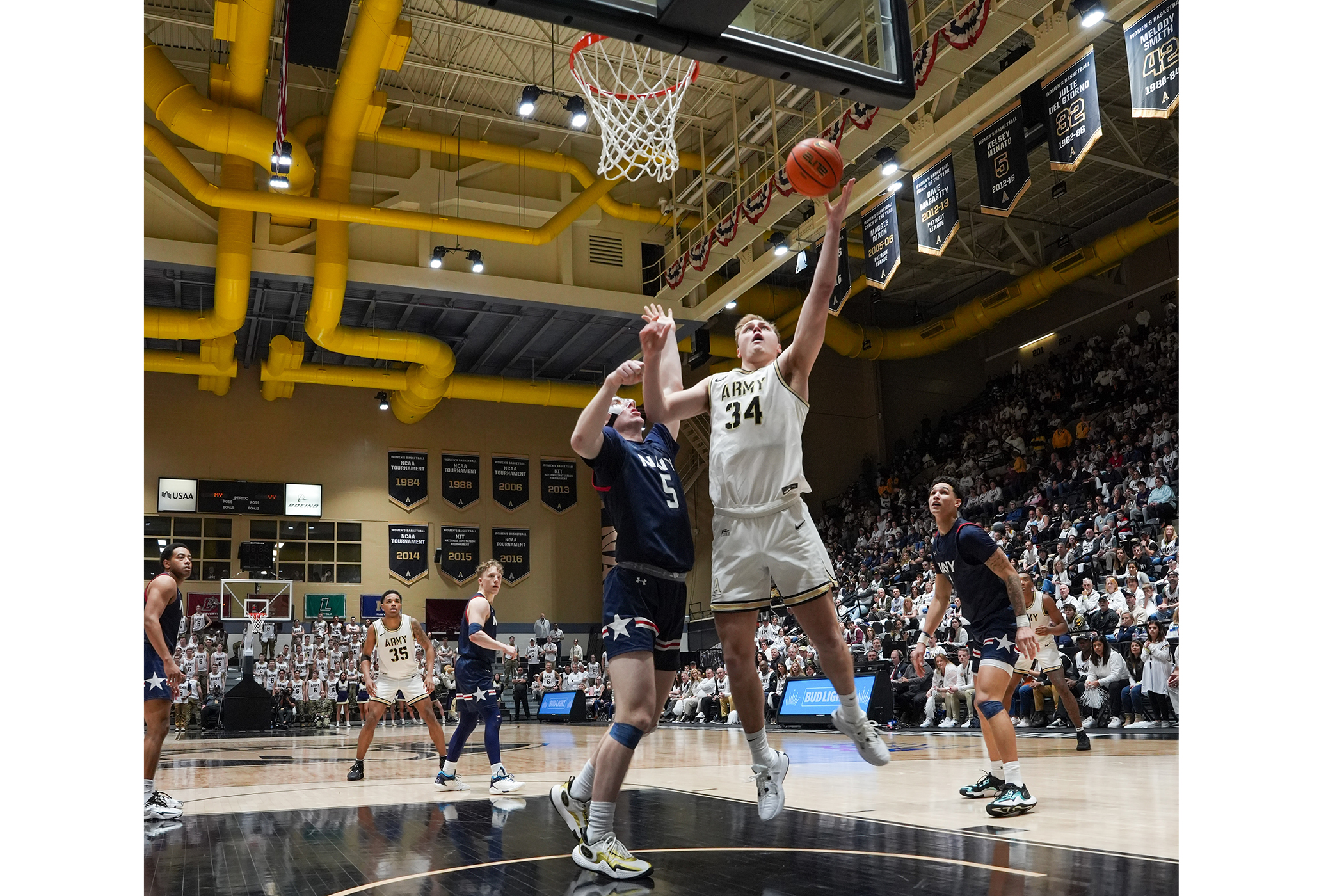 The Army West Point men's basketball team (8-17, 4-8 PL) was victorious in the annual "Star" Series matchup presented by USAA over the Navy Midshipmen (8-15, 4-8 PL), 69-67, in an overtime thriller at Christl Arena on Feb. 10, Army's first "Star" Series win since 2020, also snapping a four-game losing streak to the Midshipmen since last defeating them Jan. 22, 2022.  (Photo by Class of 2026 Cadet Andrew Ho)
