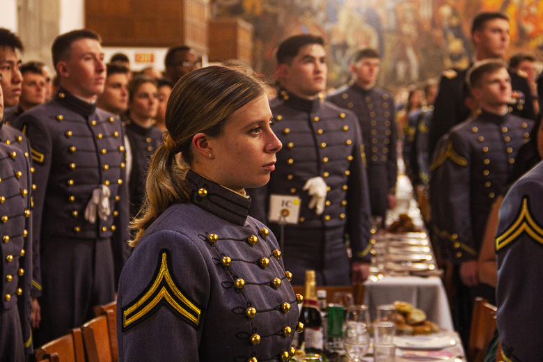 Members of the Class of 2024 stand prior to the beginning of the annual 500th Night Banquet Saturday at the Cadet Mess Hall.         										      Photo by Jorge Garcia/PV 