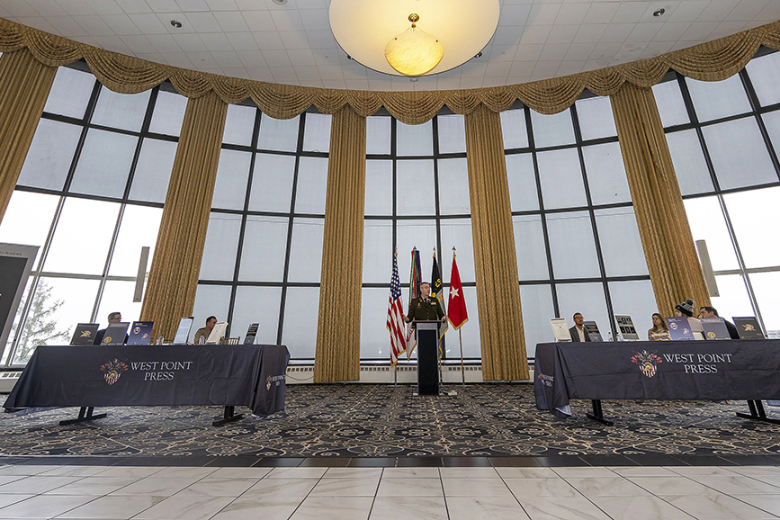 The 15th Dean of the Academic Board, Brig. Gen. Shane Reeves, addresses the audience during the West Point Press Launch Monday at the U.S. Military Academy.				        Photo by Christopher Hennen/USMA PAO