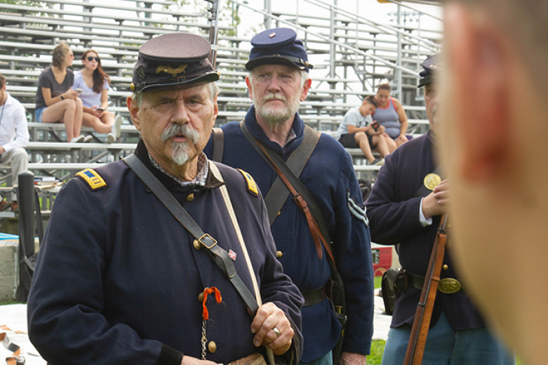 The 124th New York Infantry Regiment Civil War re-enactors teach cadets how to properly wield black powder muskets during the Overland Campaign Staff Ride, which is a hands-on Civil War Drill, Tuesday on The Plain. The cadets were conducting a week-long intensive study of Civil War campaigns, including the Overland Campaign, Petersburg Campaign and the Appomattox Campaign, which ended the Civil War. The cadets will write a paper about the campaigns they studied and, on Tuesday, they will be driven down