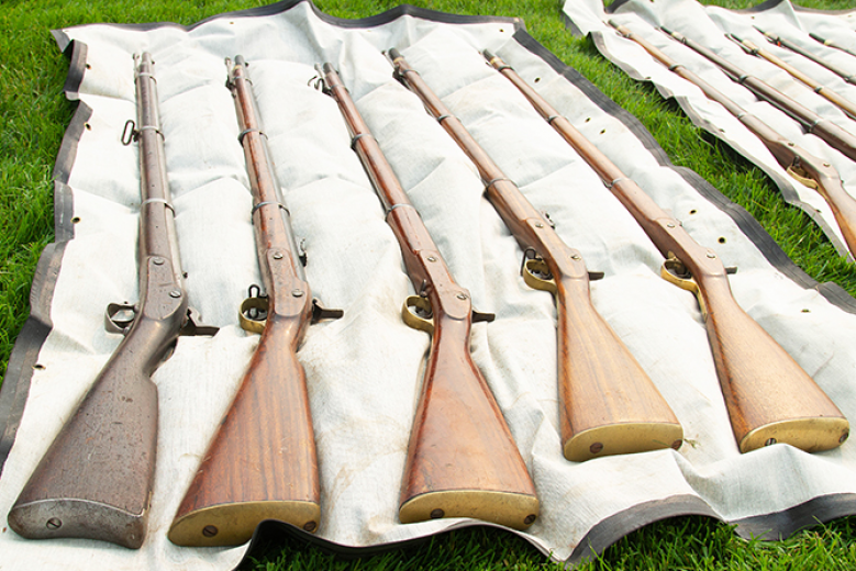 The 124th New York Infantry Regiment Civil War re-enactors teach cadets how to properly wield black powder muskets during the Overland Campaign Staff Ride, which is a hands-on Civil War Drill, Tuesday on The Plain. The cadets were conducting a week-long intensive study of Civil War campaigns, including the Overland Campaign, Petersburg Campaign and the Appomattox Campaign, which ended the Civil War. The cadets will write a paper about the campaigns they studied and, on Tuesday, they will be driven down