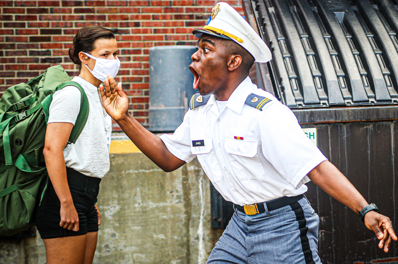 A U.S. Military Academy at West Point junior gives instruction to new cadets during Reception Day Sunday.