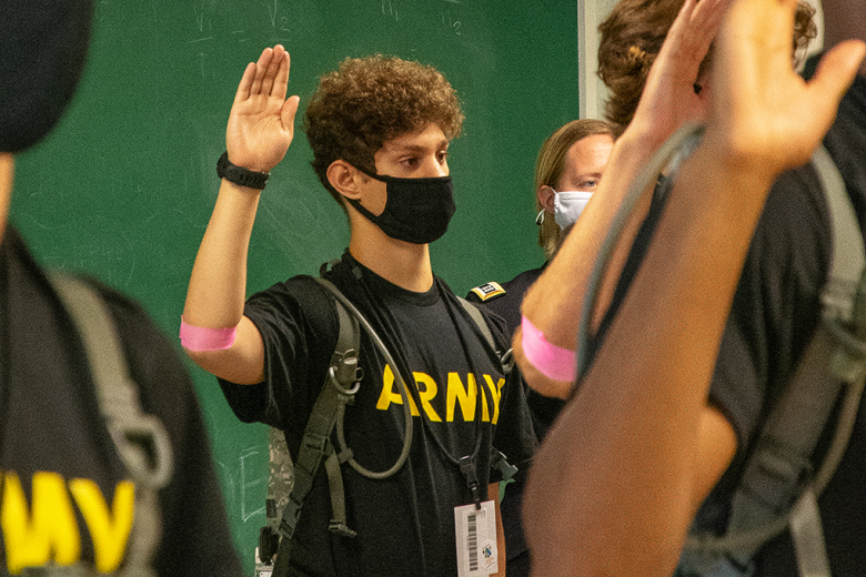 Cadet candidates take the oath, a legally binding agreement for their behavioral and academic conduct, as well as their military career, should they be accepted into the U.S. Military Academy after their year at the U.S. Military Academy Preparatory School.   Photo by Ellen Wilhelm/USMA PAO