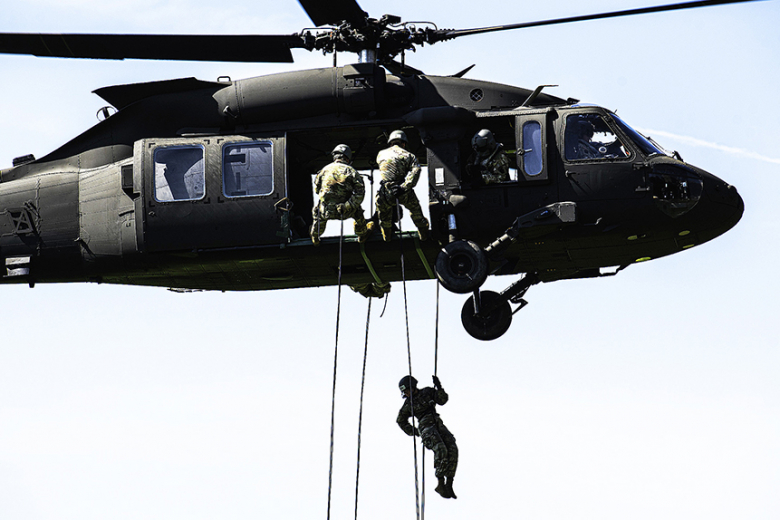 U.S. Military Academy cadets perform rappelling operations from UH-60 Black Hawks and the Height tower during Air Assault School training June 29 at the South Dock Rappelling Site. This was the first of five iterations, 14 days per session, of the Air Assault School at West Point from June 19 through Aug. 4. The school is led by noncommissioned officers from The Sabalauski Air Assault School at Fort Campbell, Ky.      	(Photos by Elizabeth Woodruff/USMA PAO and Kyle Osterhoudt/USMA PAO)