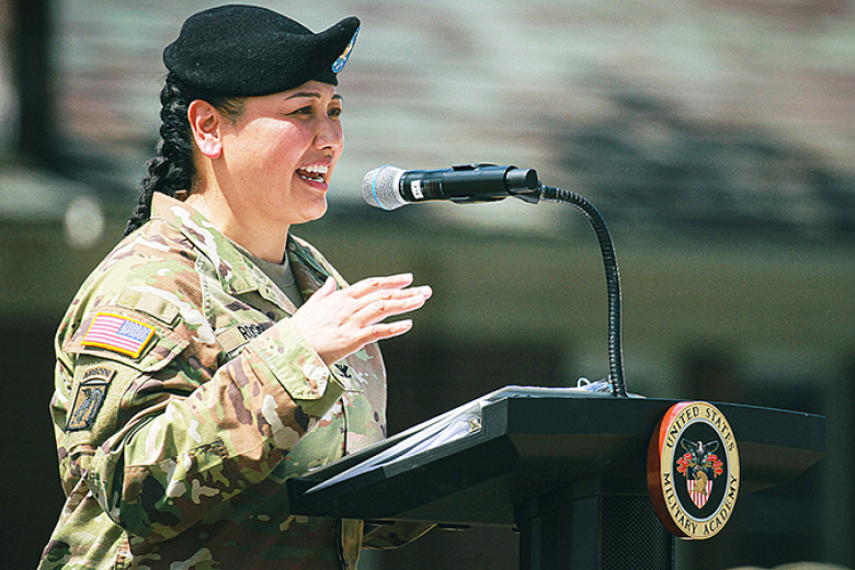 Friends, faculty and staff gathered at Buffalo Soldier Field to participate in the U.S. Army Garrison West Point Change of Command ceremony on Friday at the U.S. Military Academy. The outgoing commander, Col. Evageline G. Rosel (bottom left), relinquished command to incoming commander, Col. Anthony J. Bianchi (above left), whoʼs receiving the guidon establishing him as the new USAG West Point commander. Following the ceremony, the incoming and outgoing commanders hosted a joint reception at the West Point C