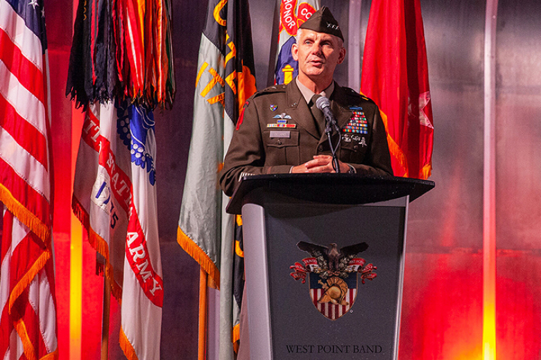 The 61st Superintendent of the U.S. Military Academy, Lt. Gen. Steven Gilland, addressed the new cadets and audience before introducing Lt. Col. Tod Addison and Lt. Col. Daniel Toven for the West Point Bandʼs official change of command ceremony.