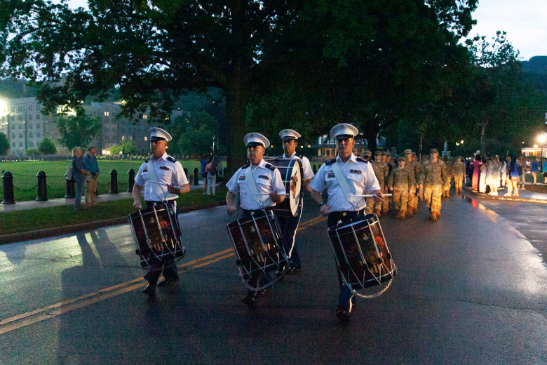 The West Point Band’s field music group, The Hellcats, (above) marched the U.S. Military  Academy Class of 2026 into Trophy Point Amphitheater on Saturday for West Point’s annual Independence Day celebration. 