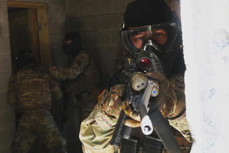 Soldiers with Crusher Company, 1st Battalion, 187th Infantry Regiment, 3rd Brigade Combat Team, 101st Airborne Division (Air Assault) pulls security after clearing a room on July 15. Pulling security after successfully clearing a room is important in case a threat tries to enter the building from that area.