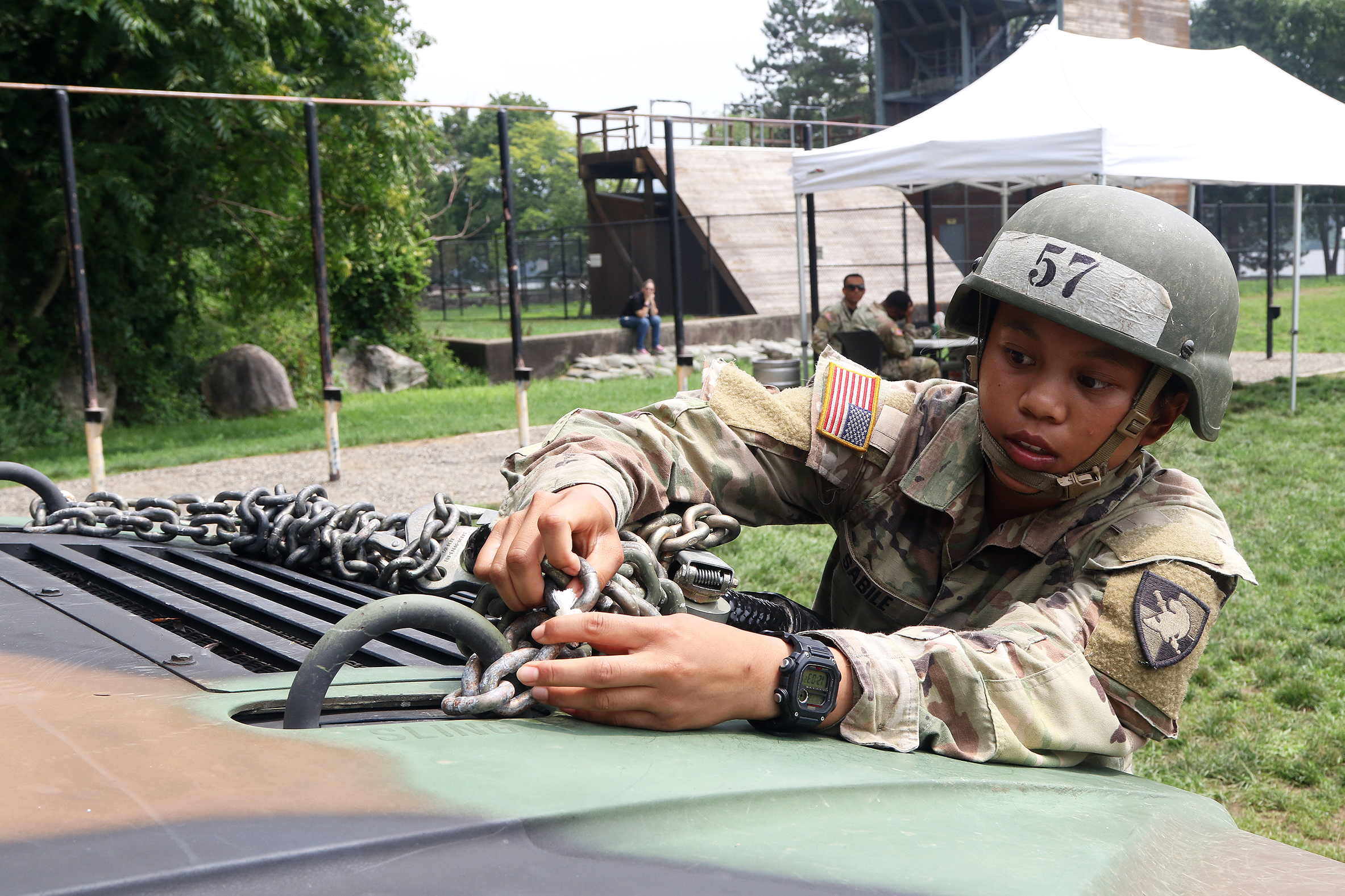 Cadets, ROTC cadets, Summer Task Force members and U.S. Military Academy staff and faculty participated in air assault training on South Dock at West Point. The trainee candidates are trained in air assault operations, sling-load operations and rappelling during the 10-day course. Upon graduation of the course, each Soldier will be able to perform skills required to make maximum use of helicopter assets in training and in combat to support their unit operations. Air assault school is one of the most physica