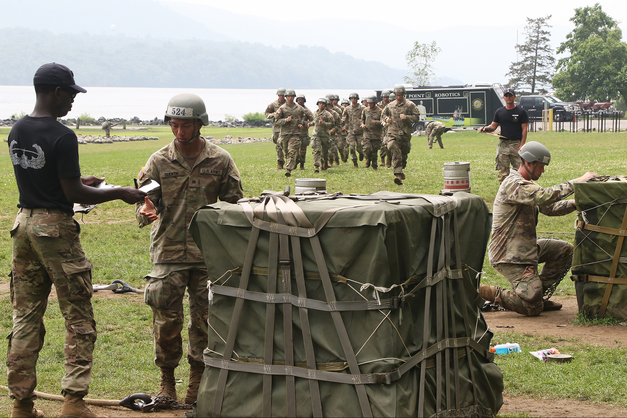 Cadets, ROTC cadets, Summer Task Force members and U.S. Military Academy staff and faculty participated in air assault training on South Dock at West Point. The trainee candidates are trained in air assault operations, sling-load operations and rappelling during the 10-day course. Upon graduation of the course, each Soldier will be able to perform skills required to make maximum use of helicopter assets in training and in combat to support their unit operations. Air assault school is one of the most physica
