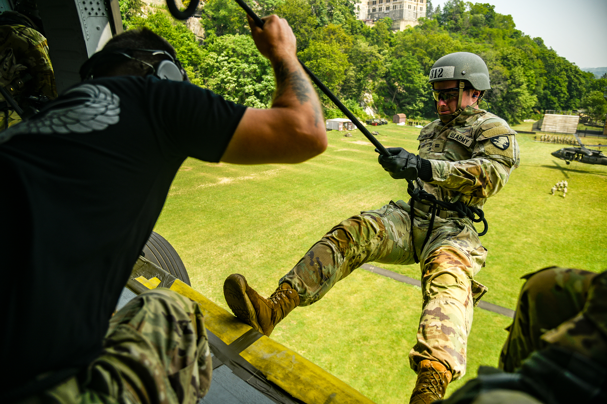 Cadets, ROTC cadets, Summer Task Force members and U.S. Military Academy staff and faculty participated in air assault training on South Dock at West Point. The trainee candidates are trained in air assault operations, sling-load operations and rappelling during the 10-day course. Upon graduation of the course, each Soldier will be able to perform skills required to make maximum use of helicopter assets in training and in combat to support their unit operations. Air assault school is one of the most physica