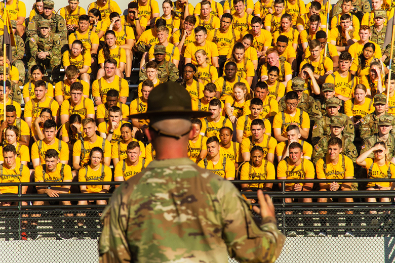 After completing the demonstration, the cadet cadre from the Cadet Basic Training I detail successfully assembled their equipment on a pallet and performed a series of strenuous exercises. Then, the cadet cadre took their seats with A through F Company mates and received words of wisdom from 2-19th Battalion’s Command Sgt Maj. Joseph McAuliffe and senior drill sergeant staff at Shea Stadium. 