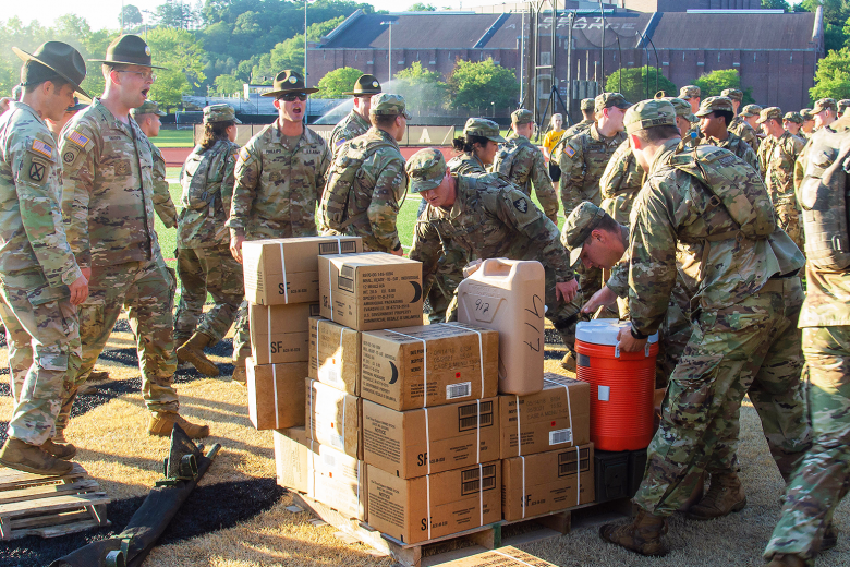 After arriving at Shea Stadium, the Cadet Basic Training I cadet cadre were tasked with placing all the equipment they carried from the starting point, within 30 seconds, on a pallet in the exact way they found it when they picked it up.  As they assemble their equipment on the pallet, drill sergeants shouted orders throughout the time they were allotted to teach the cadets how to operate under a stressful environment.  