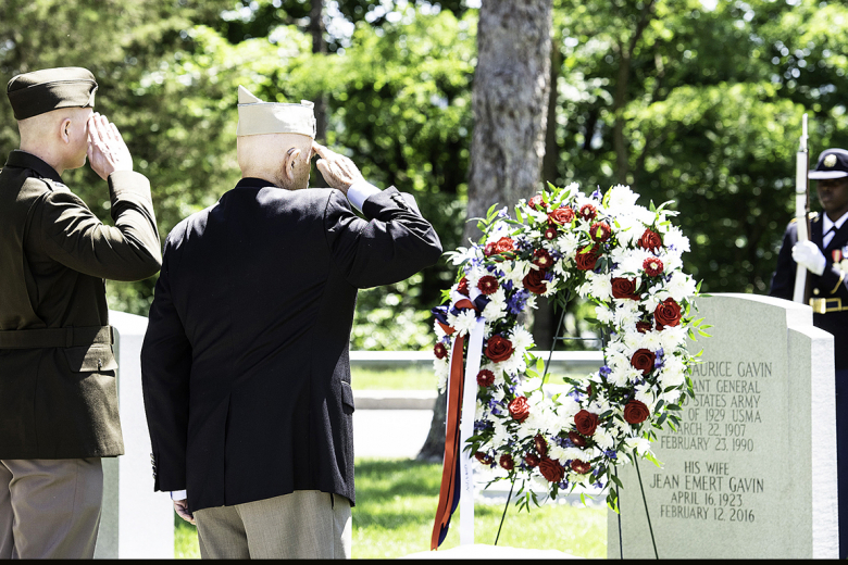 A wreath-laying ceremony to honor Lt. Gen. James Gavin, U.S. Military Academy 1929 graduate, at his gravestone took place Monday at the West Point Cemetery. (Top left, bottom left and above) Larry Lenahan, a member of the 82nd Airborne Division Association, and Department of History Capt. Michael Matheny place a wreath at Gavinʼs gravestone with members of the Military Police Color Guard and Firing Party also a part of the ceremony. 