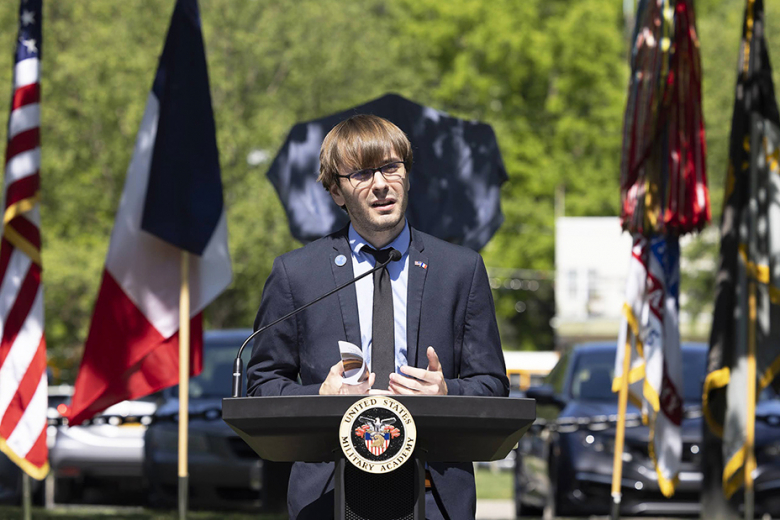 Denise VanBuren and Patrice Birner, president general and N.Y. state regent of the Daughters of the American Revolution, respectively, placed a wreath by the marker, which is the 73rd of a projected 150 that will dot the eastern half of the U.S. in advance of the bicentennial of Lafayette’s tour. The markers result from the efforts of Julien Icher (bottom left), founder and president of The Lafayette Trail project, who also spoke at the event. 