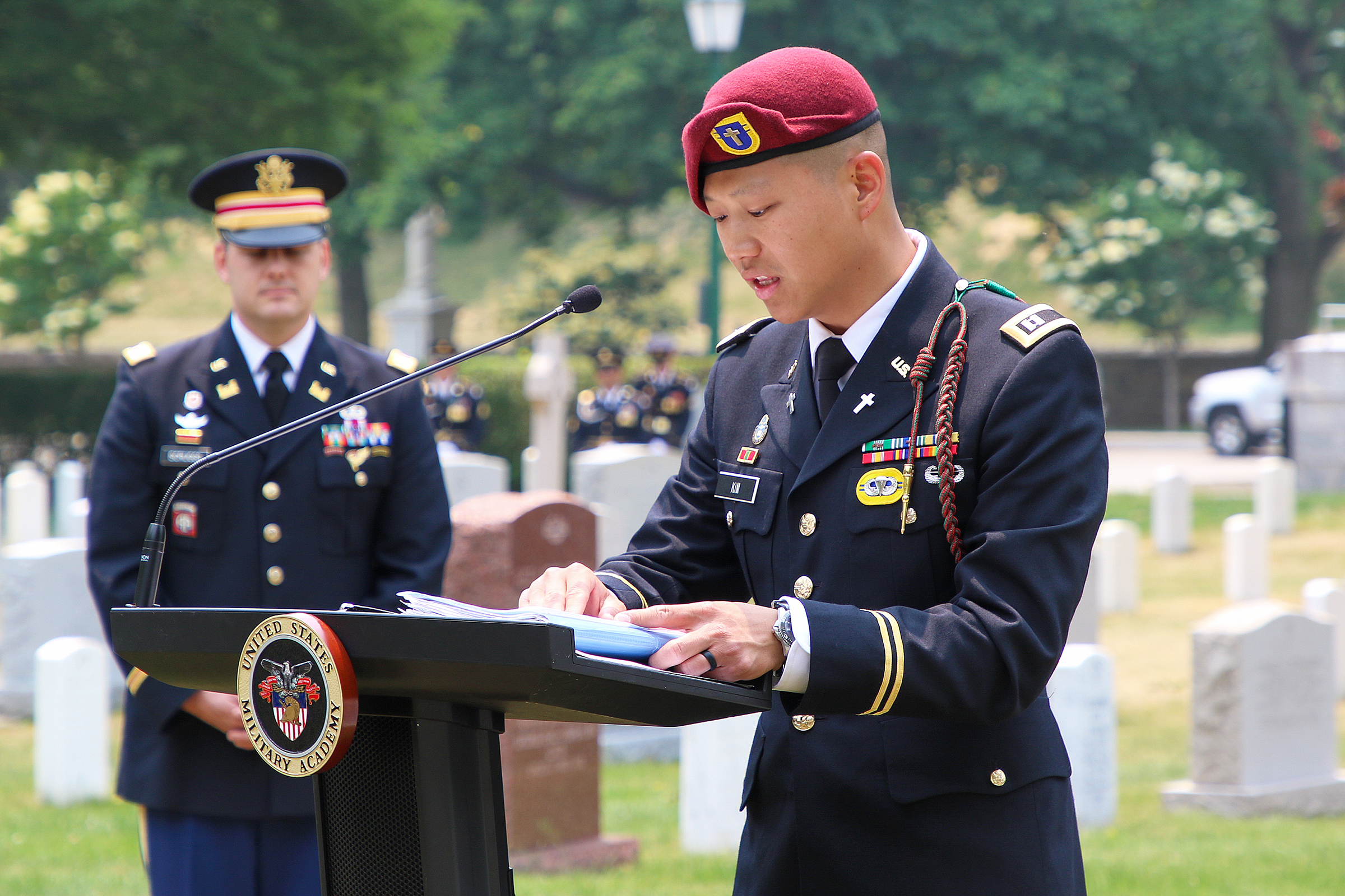 The U.S. Military Academy hosted the Greater Hartford Chapter of the 82nd Airborne Division Association to honor Lt. Gen. James “Jumpin’ Jim” Gavin on the 79th anniversary of the D-Day invasion June 6 at the West Point Cemetery.   The ceremony included dozens of paratroopers from the 2nd Battalion, 504th Parachute Infantry Regiment who are stationed at Fort Liberty, North Carolina, who are currently the task force supporting West Point’s Cadet Summer Training. The 82nd Abn. Div. Task Force command team led 
