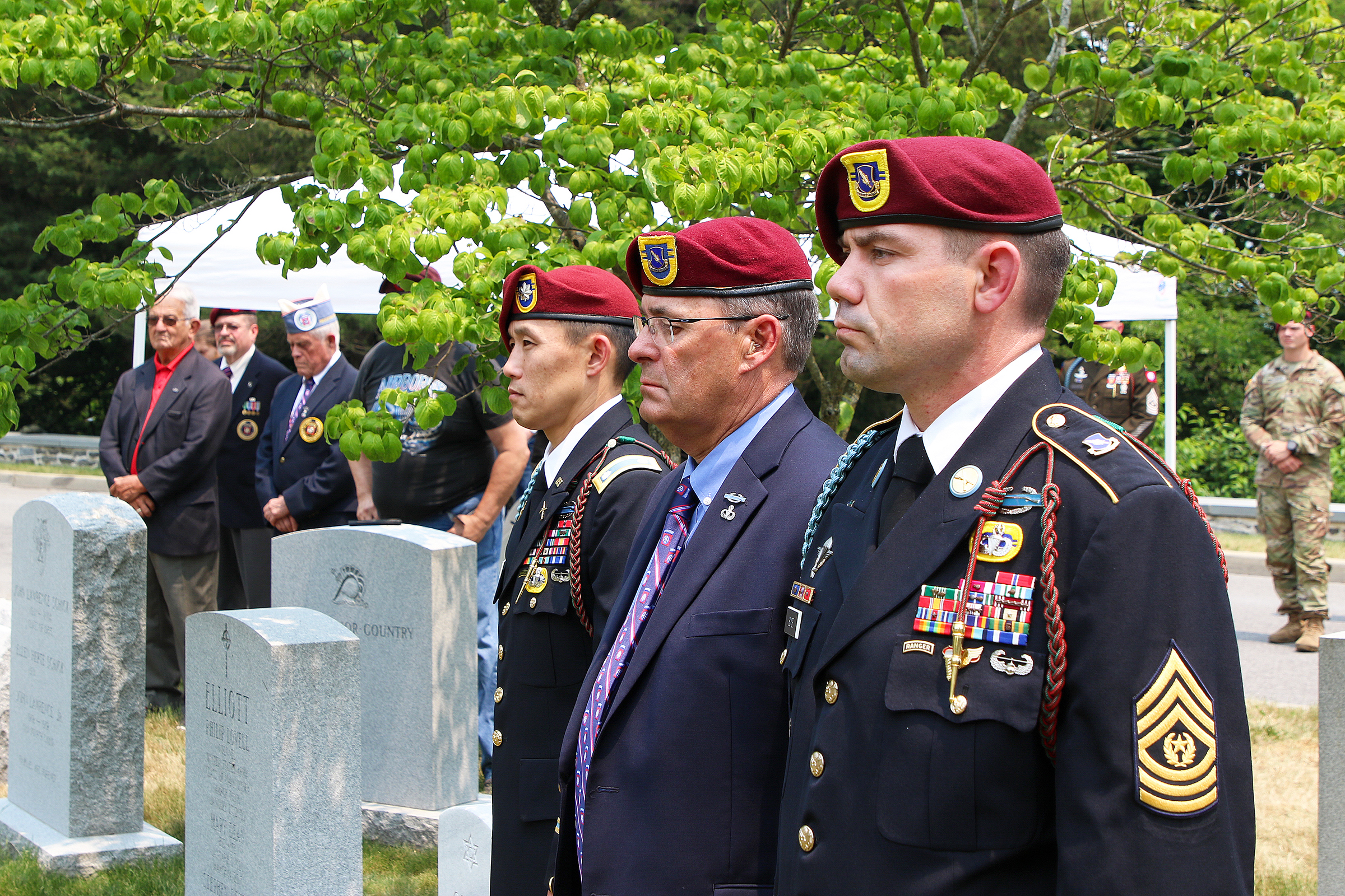 The U.S. Military Academy hosted the Greater Hartford Chapter of the 82nd Airborne Division Association to honor Lt. Gen. James “Jumpin’ Jim” Gavin on the 79th anniversary of the D-Day invasion June 6 at the West Point Cemetery.   The ceremony included dozens of paratroopers from the 2nd Battalion, 504th Parachute Infantry Regiment who are stationed at Fort Liberty, North Carolina, who are currently the task force supporting West Point’s Cadet Summer Training. The 82nd Abn. Div. Task Force command team led 