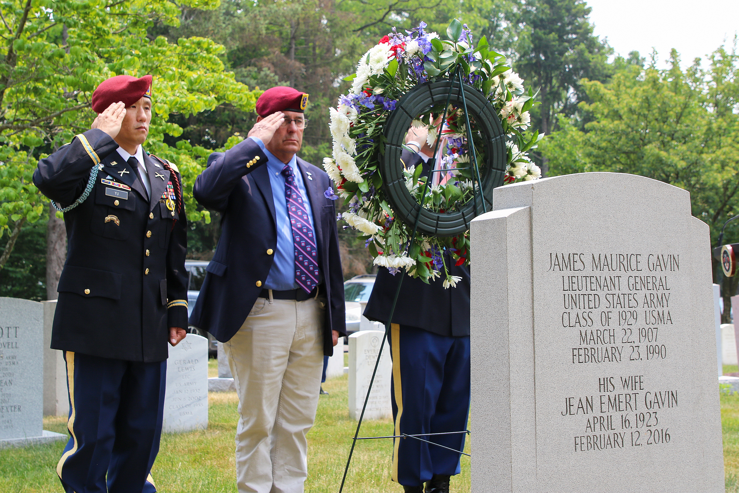 The U.S. Military Academy hosted the Greater Hartford Chapter of the 82nd Airborne Division Association to honor Lt. Gen. James “Jumpin’ Jim” Gavin on the 79th anniversary of the D-Day invasion June 6 at the West Point Cemetery.   The ceremony included dozens of paratroopers from the 2nd Battalion, 504th Parachute Infantry Regiment who are stationed at Fort Liberty, North Carolina, who are currently the task force supporting West Point’s Cadet Summer Training. The 82nd Abn. Div. Task Force command team led 