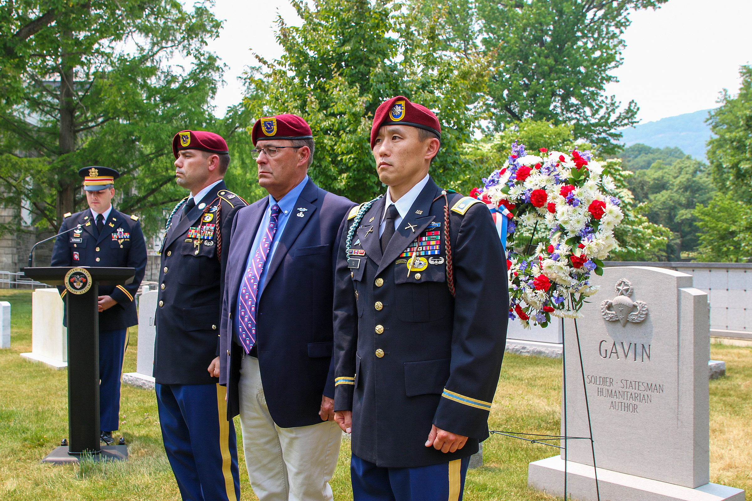 The U.S. Military Academy hosted the Greater Hartford Chapter of the 82nd Airborne Division Association to honor Lt. Gen. James “Jumpin’ Jim” Gavin on the 79th anniversary of the D-Day invasion June 6 at the West Point Cemetery.   The ceremony included dozens of paratroopers from the 2nd Battalion, 504th Parachute Infantry Regiment who are stationed at Fort Liberty, North Carolina, who are currently the task force supporting West Point’s Cadet Summer Training. The 82nd Abn. Div. Task Force command team led 
