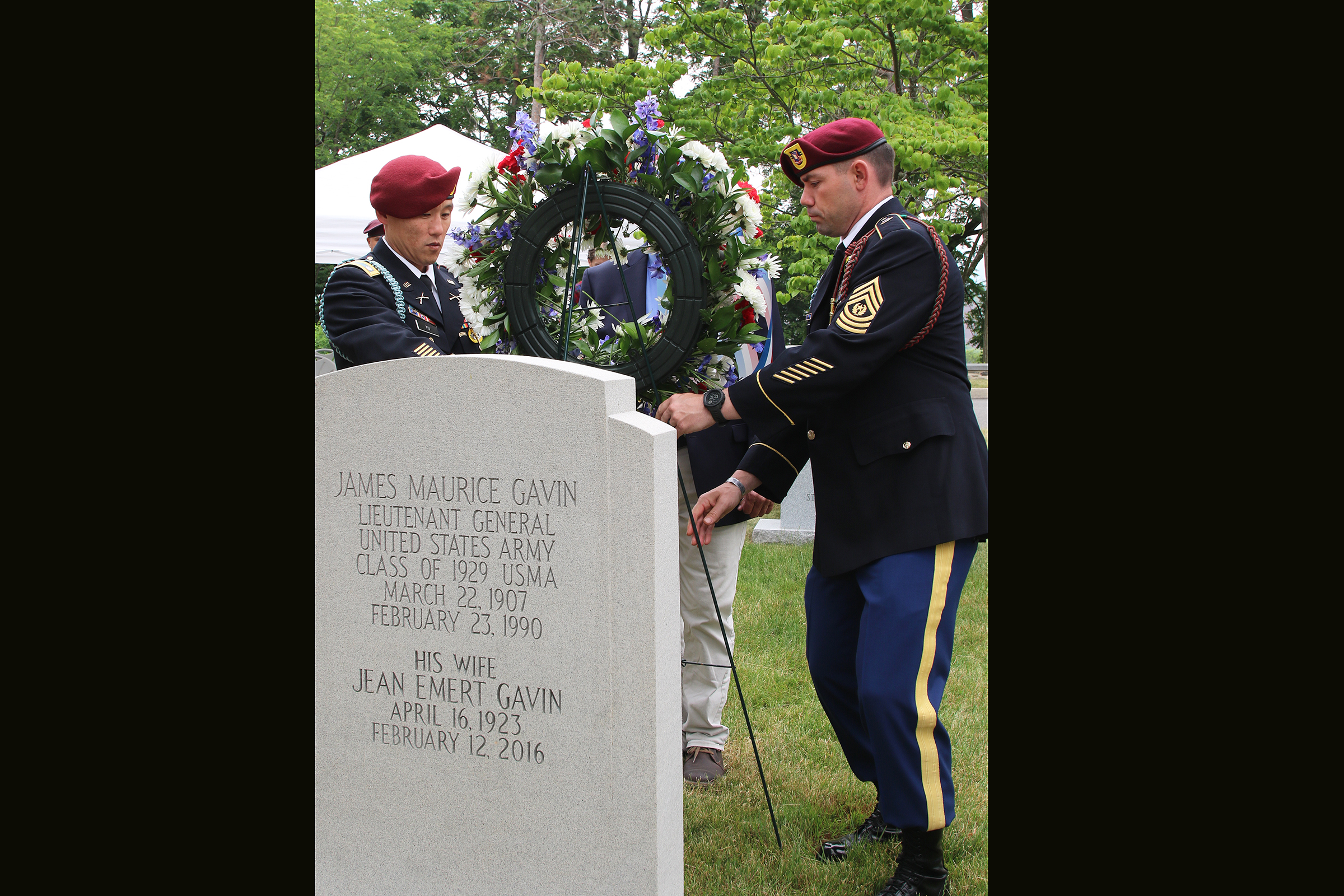 The U.S. Military Academy hosted the Greater Hartford Chapter of the 82nd Airborne Division Association to honor Lt. Gen. James “Jumpin’ Jim” Gavin on the 79th anniversary of the D-Day invasion June 6 at the West Point Cemetery.   The ceremony included dozens of paratroopers from the 2nd Battalion, 504th Parachute Infantry Regiment who are stationed at Fort Liberty, North Carolina, who are currently the task force supporting West Point’s Cadet Summer Training. The 82nd Abn. Div. Task Force command team led 