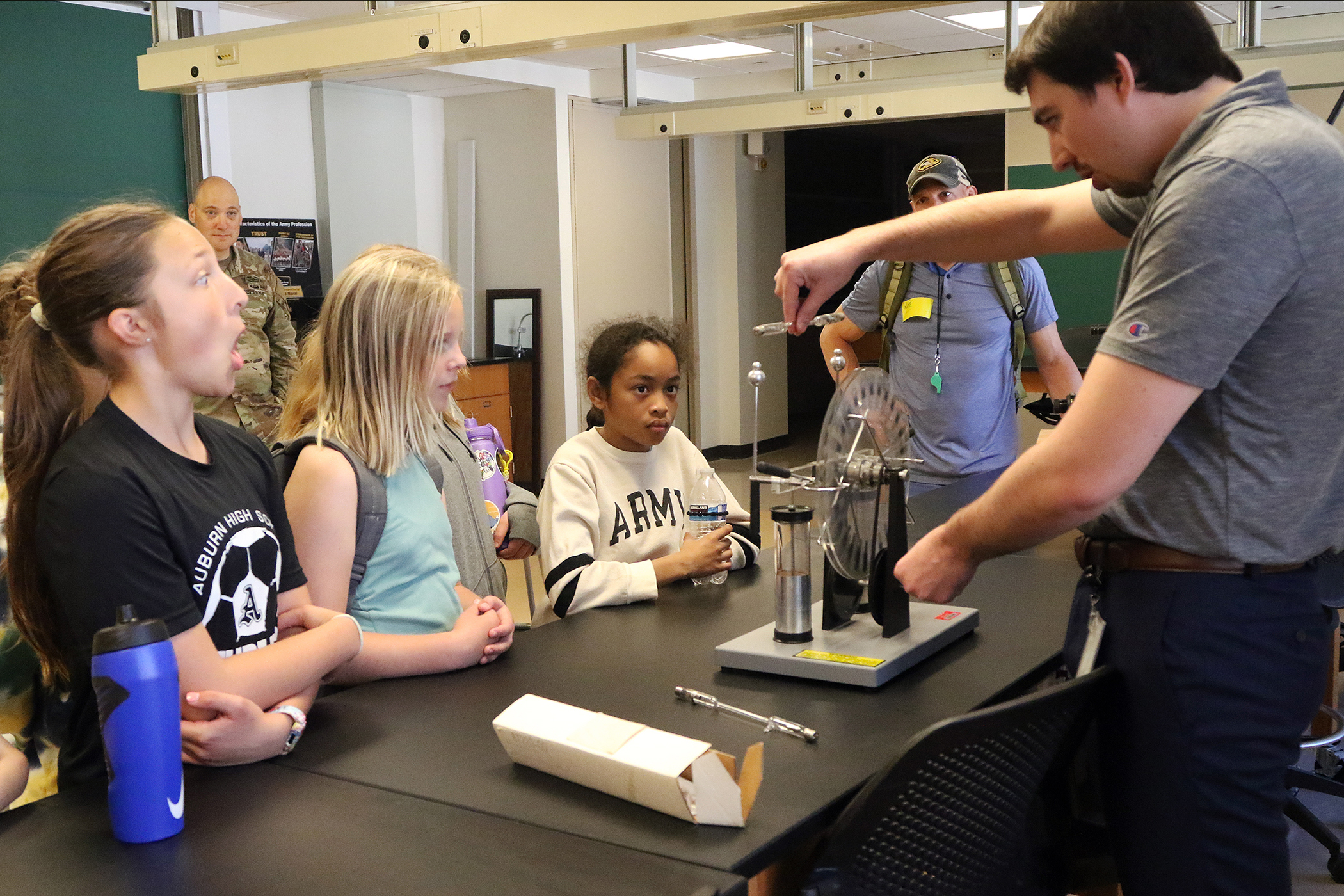 Approximately 50 fifth graders from the West Point Elementary School took a field trip to Bartlett Hall May 31 to experience a science adventure with professors and instructors from the Chemistry and Life Sciences and Physics and Nuclear Engineering Departments.   (Photo by Eric S. Bartelt/PV)
