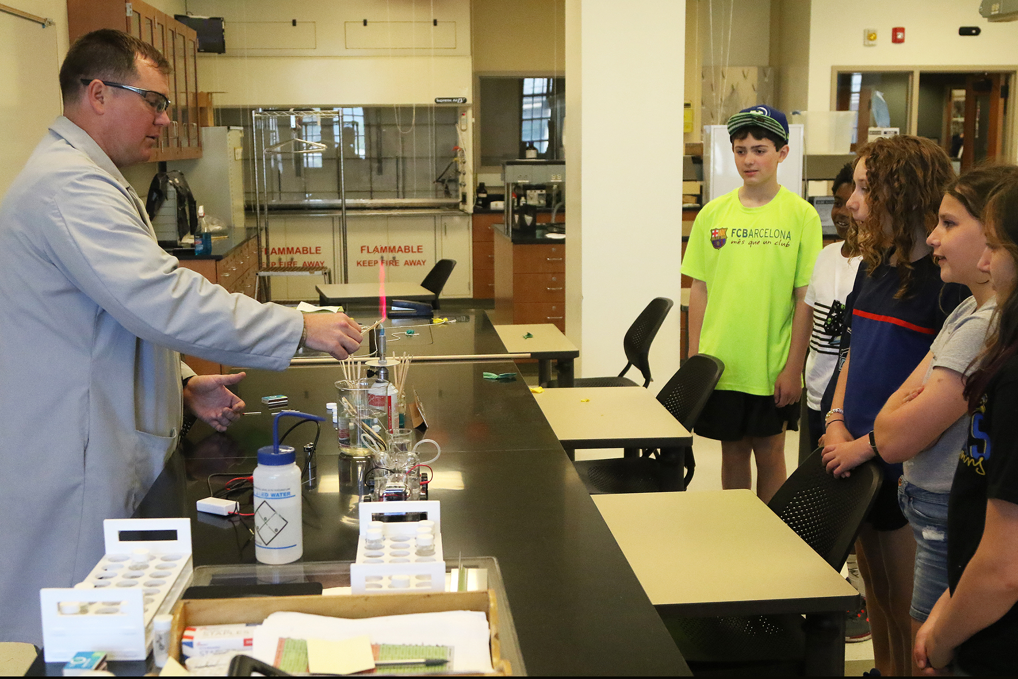 Approximately 50 fifth graders from the West Point Elementary School took a field trip to Bartlett Hall May 31 to experience a science adventure with professors and instructors from the Chemistry and Life Sciences and Physics and Nuclear Engineering Departments.   (Photo by Eric S. Bartelt/PV)