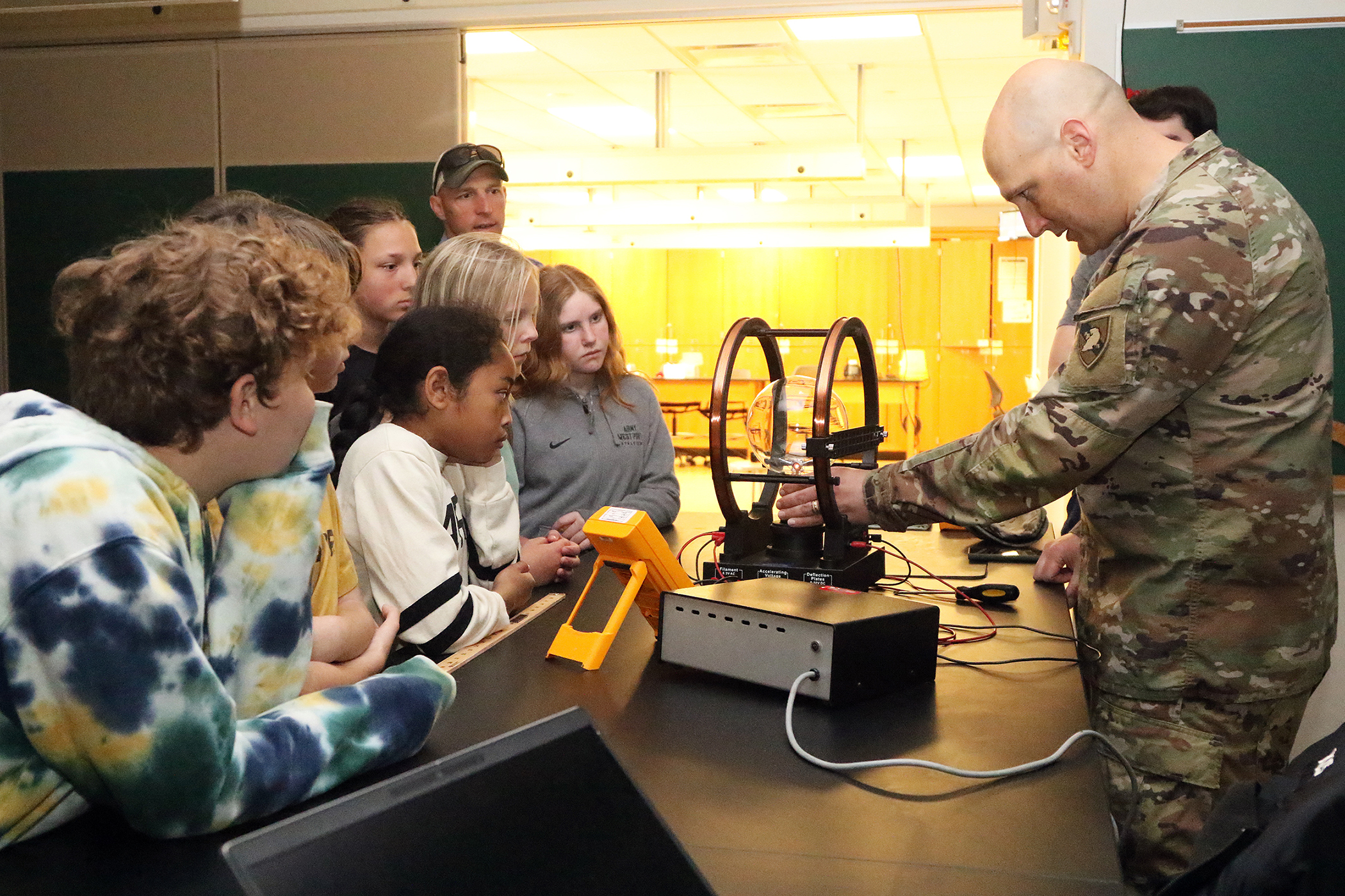 Approximately 50 fifth graders from the West Point Elementary School took a field trip to Bartlett Hall May 31 to experience a science adventure with professors and instructors from the Chemistry and Life Sciences and Physics and Nuclear Engineering Departments.   (Photo by Eric S. Bartelt/PV)