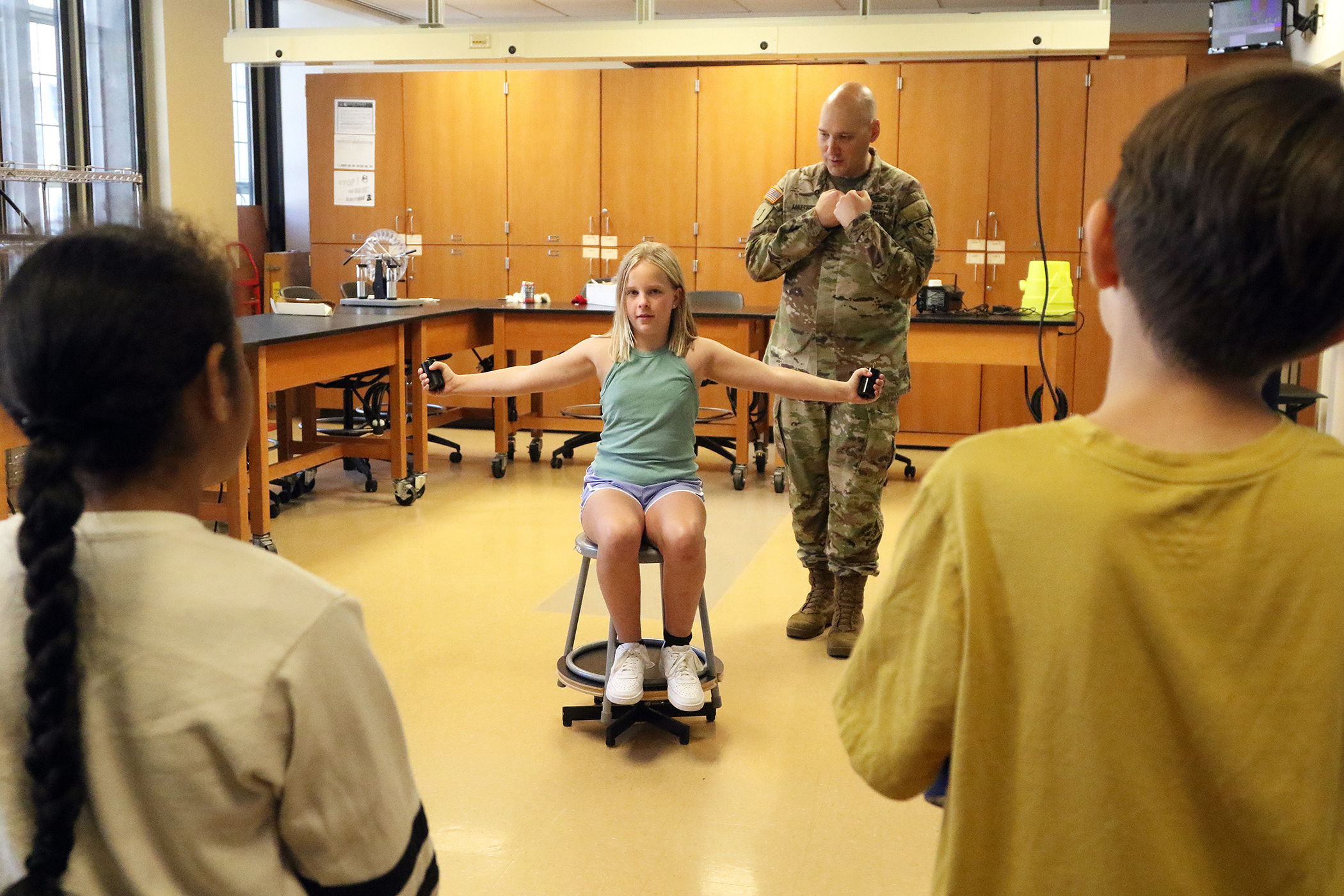 Approximately 50 fifth graders from the West Point Elementary School took a field trip to Bartlett Hall May 31 to experience a science adventure with professors and instructors from the Chemistry and Life Sciences and Physics and Nuclear Engineering Departments.   (Photo by Eric S. Bartelt/PV)