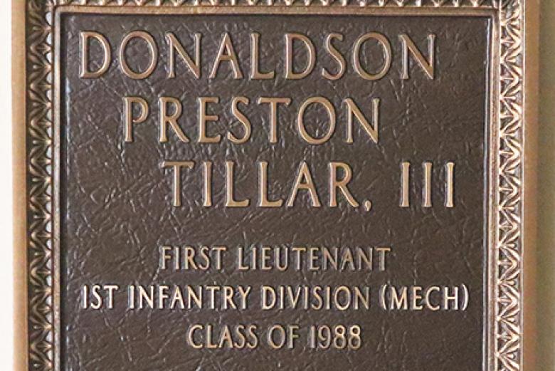 Feb. 27 marked the 30th anniversary of the day that Tillar's UH-60 Black Hawk was shot down over Iraq, which was the last day of the ground war, where he and his crew died. (Pictured) A plaque in Cullum Hall honoring Tillar.