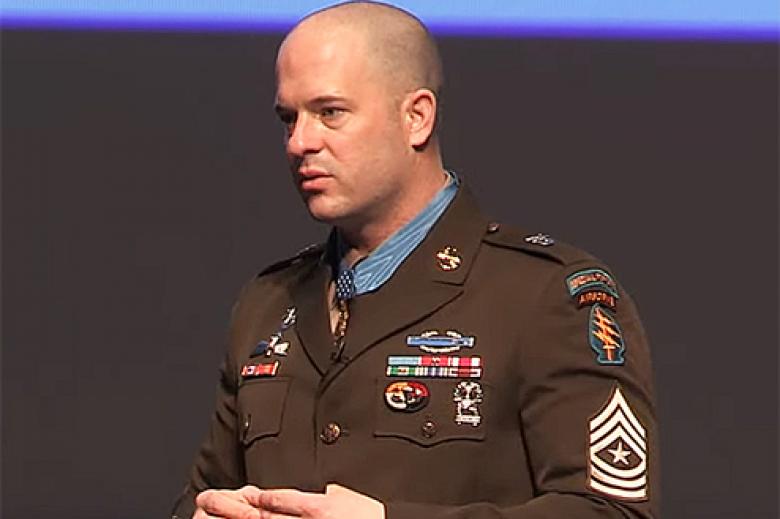 Medal of Honor recipients, Sgt. Maj. Thomas Payne and Sgt. Maj. Matthew Williams, were guest speakers for the Modern War Institute Commandant Speaker Series on March 17 at Eisenhower Hall. Williams has held several assignments within U.S. Army Special Operations Command. He deployed multiple times in support of Operation Enduring Freedom. On April 6, 2008, while serving as a weapons sergeant in Special Operations Task Force three, Williams distinguished himself above and beyond the call of duty while on an 