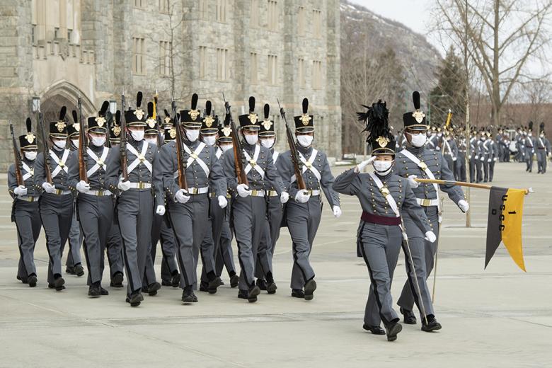 The Class of 2024 cadets march on the apron in front of Washington Hall during the Plebe Review Saturday.        